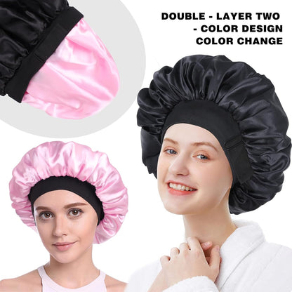 Silk Bonnet for Sleeping Double Layer Satin Bonnet Adjustable Bonnets for Black Women Sleep Cap Reversible Hair Bonnet for Curly Hair (Black and Purple)
