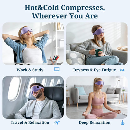 100% Silk Wireless Heated Eye Mask with Cooling, Relieves Dry Eye Syndrome and Puffy, Reduces Dark Circles, Adjustable Velcro Design and Washable Cover, Suitable for Travel & Gifts-Pink.