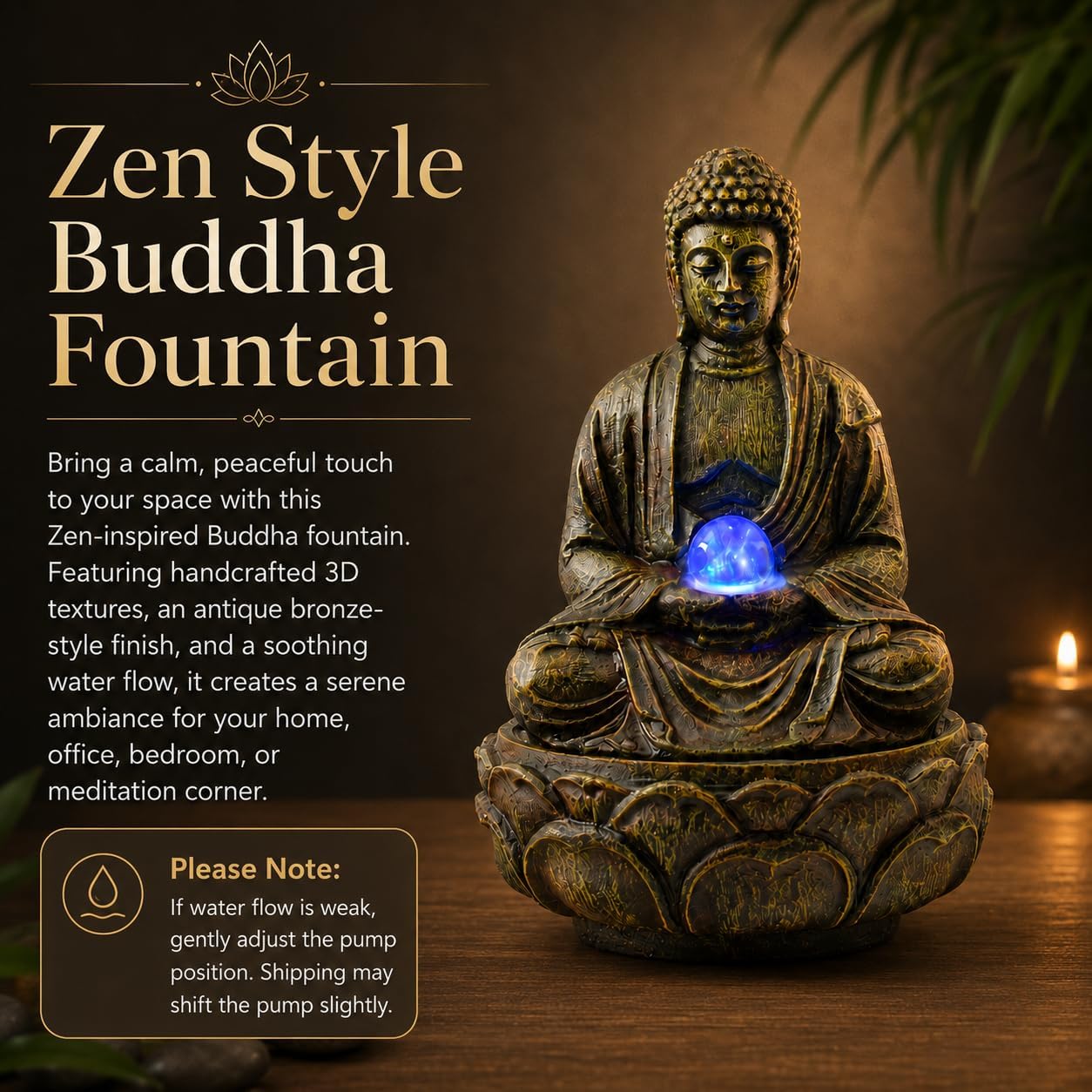 Indoor Tabletop Water Fountain with LED Light, Resin Rock-Look Waterfall Decor, Feng Shui Inspired Zen Fountain for Desk, Office, Bedroom, Living Room & Meditation Space (9" Cascading Rock)