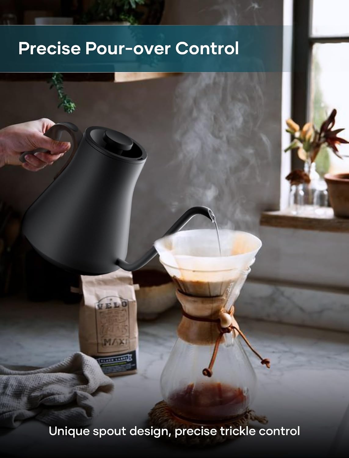 INTASTING Electric Kettle, Gooseneck Electric Kettle, ±1℉ Precise Temperature Control, Stainless Steel Interior, Quick Heating for Pour Over Coffee, Tea & Boiling Water, 0.9L (Black)