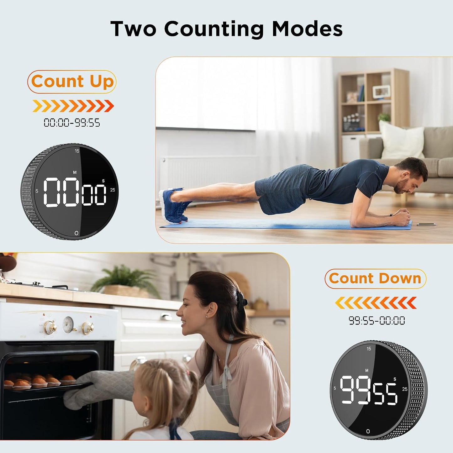 Digital Kitchen Timer, Magnetic Kitchen Timer Clock with Large LED Display, Countdown Count Up, Rotary Dial, 5/15/25 Min Presets, 3 Volume Levels for Cooking, Productivity, Pomodoro, Classroom