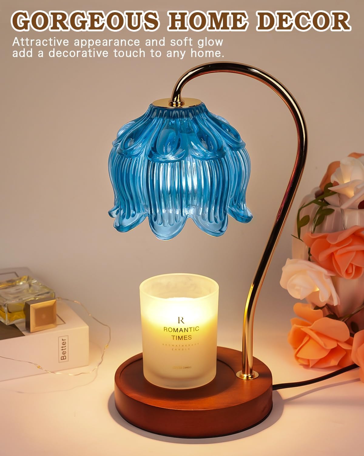 Funistree Flower Candle Warmer Lamp with Timer, Dimmable Candle Lamp Warmer, Christmas Birthday Gifts for Women Mom Her, Housewarming Home Decor, Lotus Wax Warmer for Yankee Candles - Lily Amber