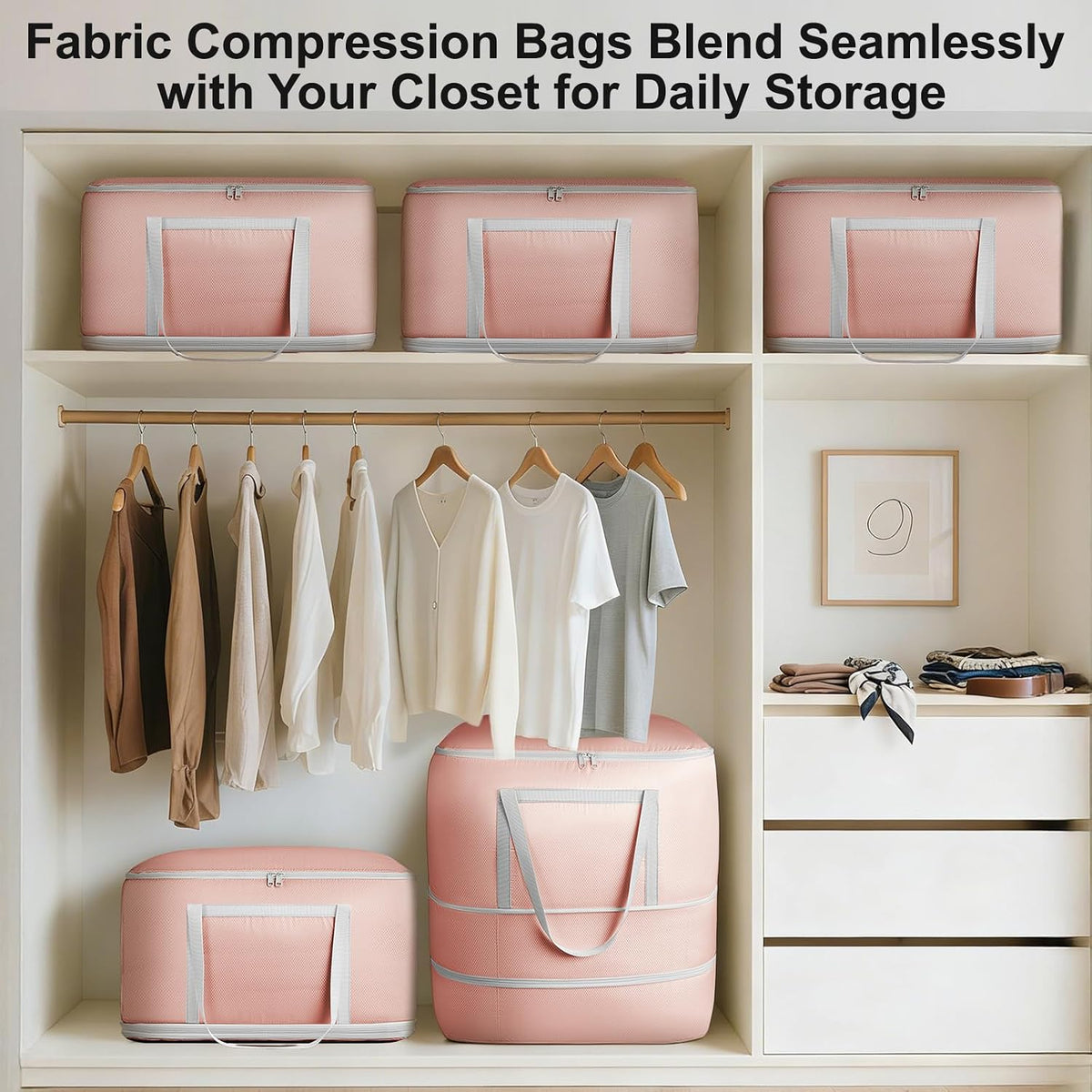 Comforter Storage Bag - 130L Large Capacity Blanket Storage Bags 4-Layer Ultra Space Saving Self Compression Organizer, Washable Compression Bags for Storage Comforter Blanket, Beige