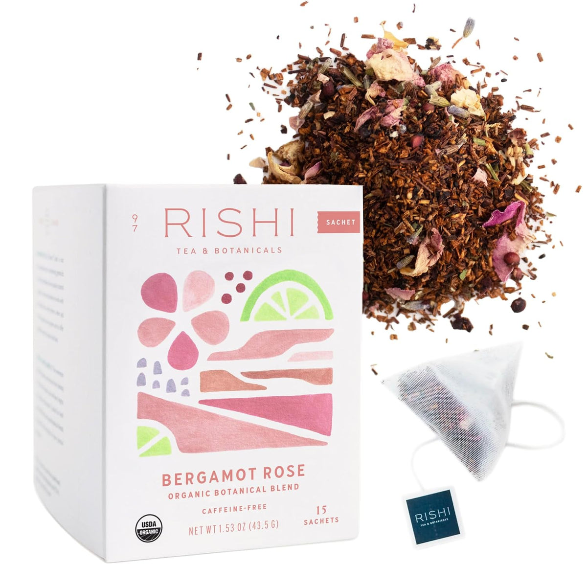Rishi Tea Bergamot Rose Organic Herbal Sachet Tea Bags, Caffeine Free, 15ct