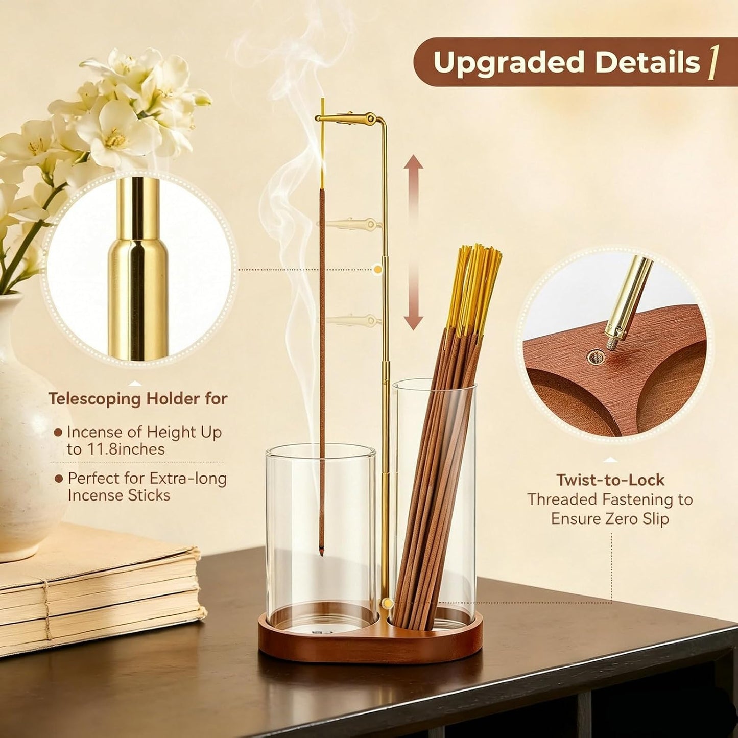 3 in 1 Incense Holder for Sticks Upside Down Anti-Ash Incense Burner with Glass Ash Catcher Backflow Cone Incense Diffuser with Adjustable Threaded Mounting for Mediation Yoga Spa Gifts Home Decor