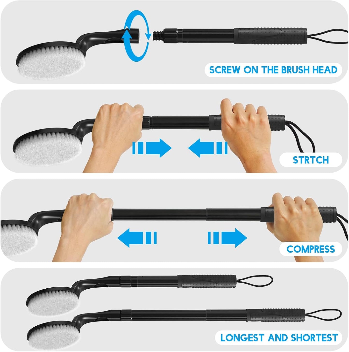 Back Scrubber for Shower with Long Handle, Dual-Sided Bath Brush for Wet & Dry Brushing, Soft & Stiff Bristles Body Exfoliator, Adjustable Detachable Shower Brush for Back, Legs & Feet