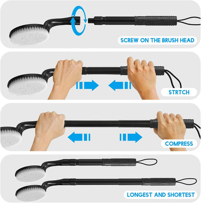 Back Scrubber for Shower with Long Handle, Dual-Sided Bath Brush for Wet & Dry Brushing, Soft & Stiff Bristles Body Exfoliator, Adjustable Detachable Shower Brush for Back, Legs & Feet