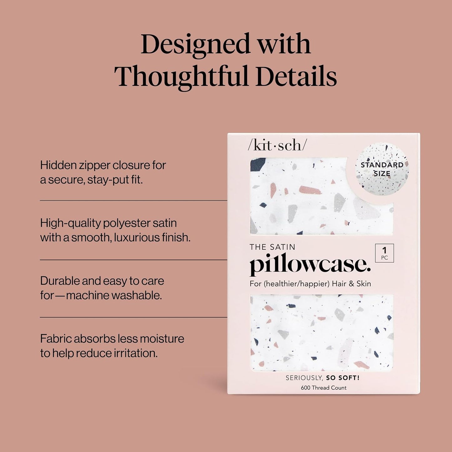Kitsch Satin Pillowcase with Zipper for Hair & Skin - Softer Than Silk Pillow Cases, Smooth Cooling Satin Pillow Case, Wrinkle-Free, Machine Washable - Pillow Cases Standard Size (19x26) - Blush