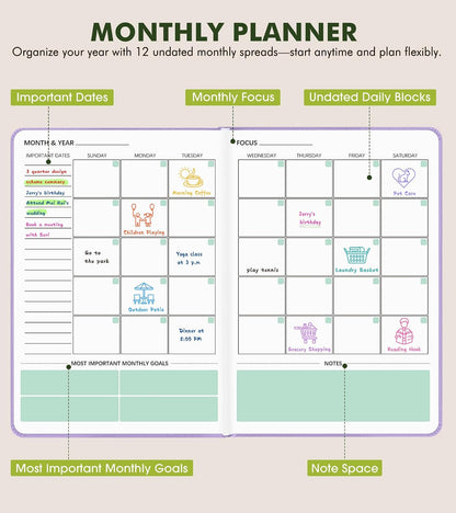 Undated Weekly and Monthly Planner, Hardcover Leather Calendar Blank Planner, Simplified To Do List Notebook with Goal & Habit Tracker Organizer, A5 Daily Weekly Planner for Work School Home, Black