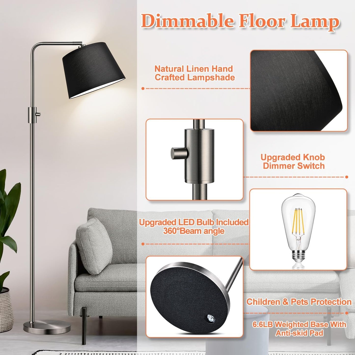 【Upgraded】 Dimmable Floor Lamp, 1000 Lumens LED Edison Bulb Included, Arc Floor Lamps for Living Room Modern Standing Lamp with Linen Shade, Tall Lamp for Bedroom Office Dining Room- Black