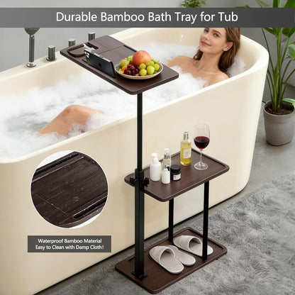 3 Layer Bathtub Tray Table,Bamboo Swivel Bathtub Side Table Height Adjustable,Freestanding Bathtub Tray for Tub Against Wall,Bathtub Accessories&Bathroom Organizer for Luxury Home Spa (Black)