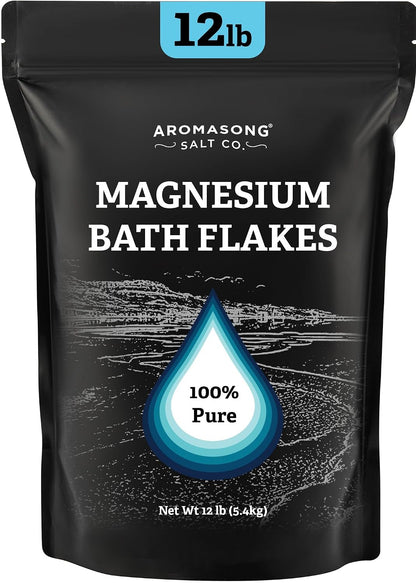 Aromasong Magnesium Flakes from The Dead Sea, 12 LB Resealable Black Bag - Muscle Relaxing Magnesium Chloride Bath Salts Soak for Headaches, Stress & Leg Discomfort