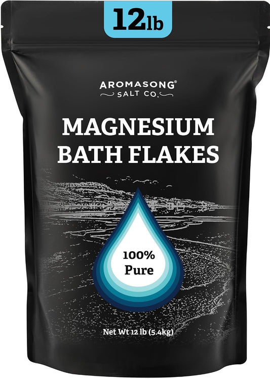 Aromasong Magnesium Flakes from The Dead Sea, 12 LB Resealable Black Bag - Muscle Relaxing Magnesium Chloride Bath Salts Soak for Headaches, Stress & Leg Discomfort