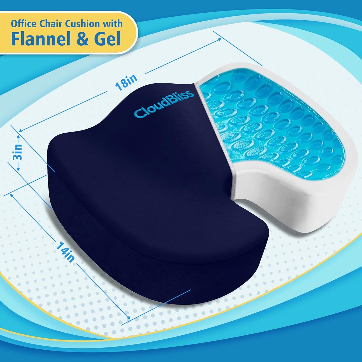 CloudBliss Gel Seat Cushion - Cooling Gel Enhanced Memory Foam Ergonomic Seat Cushion for Long Sitting for Office, Game, Car, Automotive, Airplane (Large, Black)