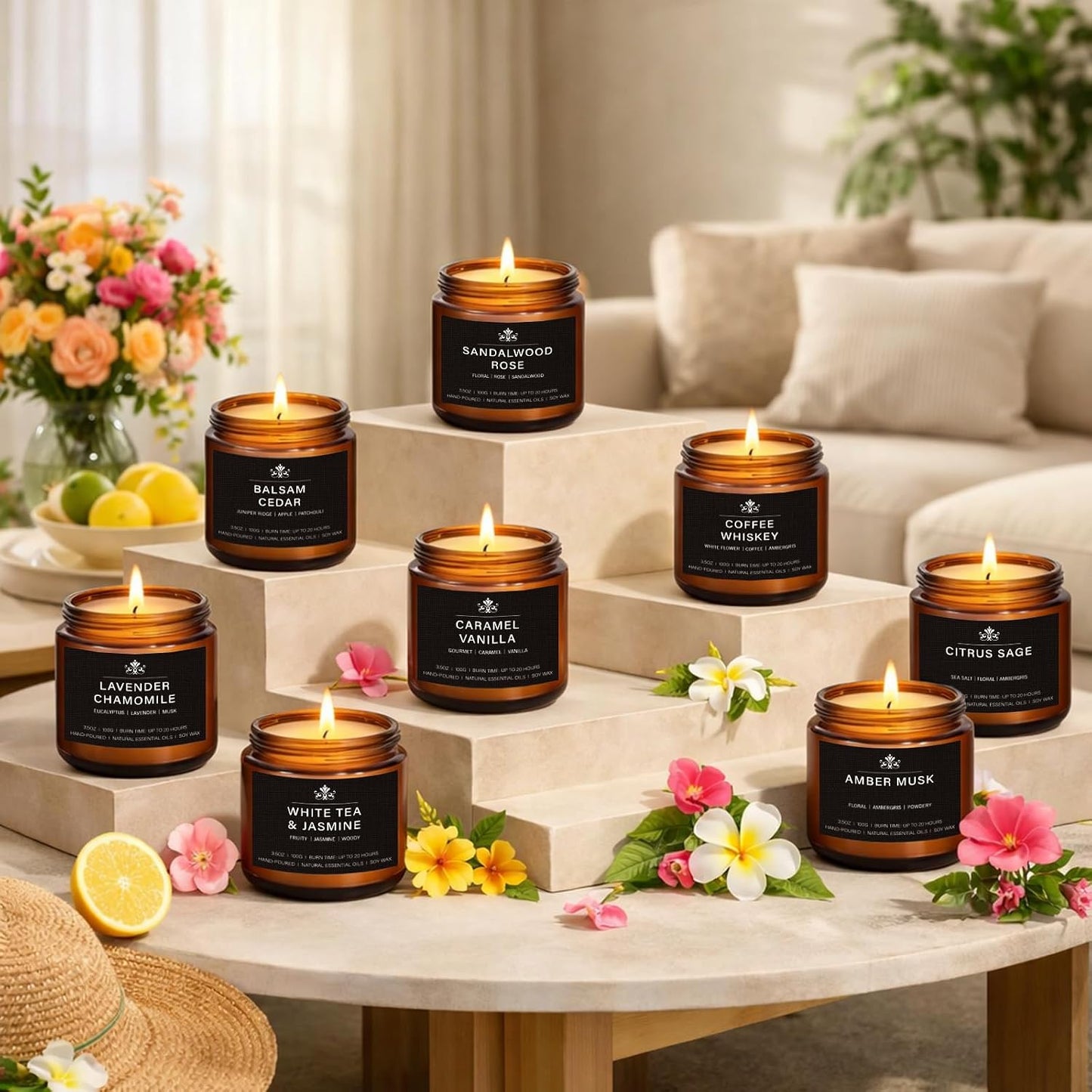 Scented Candles for Home,8 Pack Soy Wax Candle Set,Scented Candles Gift Set,Aromatherapy Candles, Amber Jar Vintage Apothecary Style, 8 Scents Gift Set