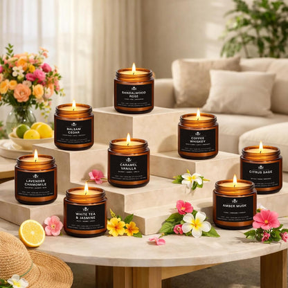 Scented Candles for Home,8 Pack Soy Wax Candle Set,Scented Candles Gift Set,Aromatherapy Candles, Amber Jar Vintage Apothecary Style, 8 Scents Gift Set
