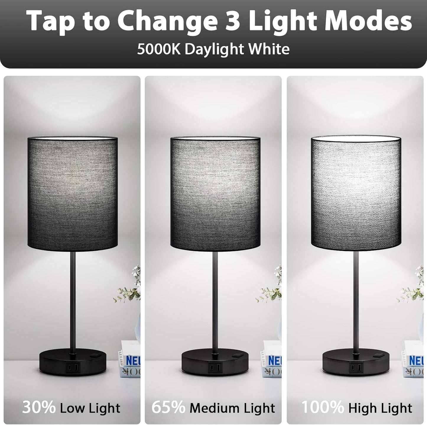 Blue Touch Lamps for Nightstand Set of 2 - Bedside Table Lamp for Bedroom with Dual USB Ports & AC Outlet, 3-Way Dimmable Lamps for Living Room Boys Room, Night Light with 5000K Daylight Bulbs