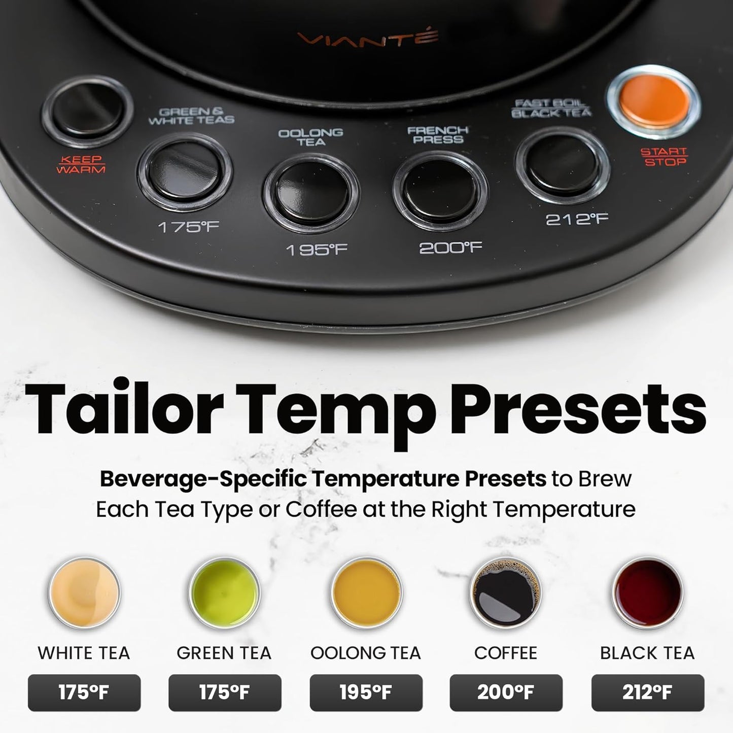 Viante Alba Electric Tea Kettle with Infuser, No Plastic In Contact With Water, 1.5L Borosilicate Glass, 304 Stainless Steel, 4 Temperature Presets, Keep Warm, Cordless, Auto Shut-Off