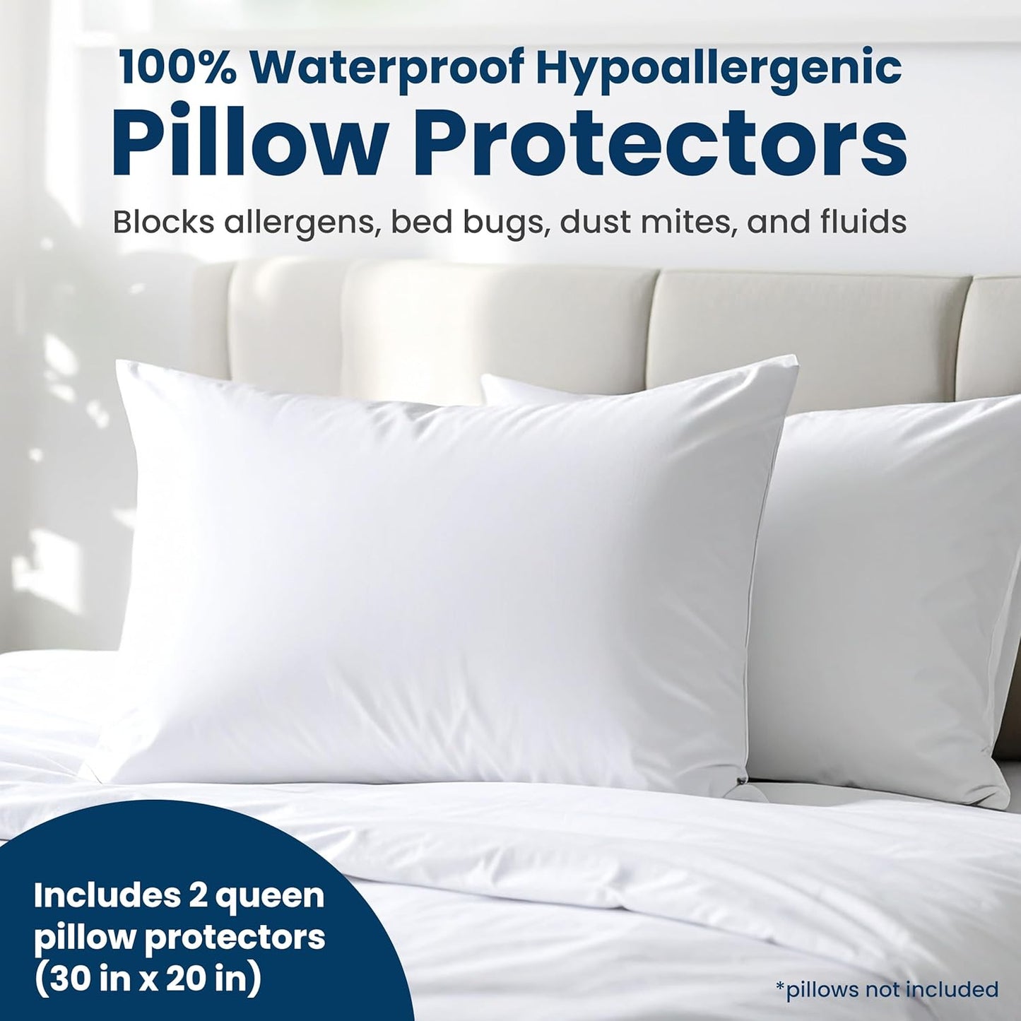 100% Stain Resistant & Waterproof Standard Size Pillow Protectors with Zipper Set of 2 - Bed Bug & Dust Mite Proof White Pillowcases - Breathable, Comfortable Covers for Pillows, 21 x 27 Inches
