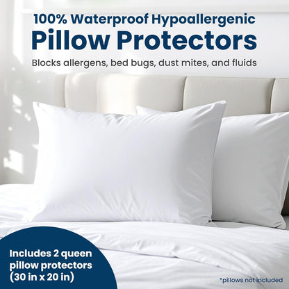 100% Stain Resistant & Waterproof Standard Size Pillow Protectors with Zipper Set of 2 - Bed Bug & Dust Mite Proof White Pillowcases - Breathable, Comfortable Covers for Pillows, 21 x 27 Inches