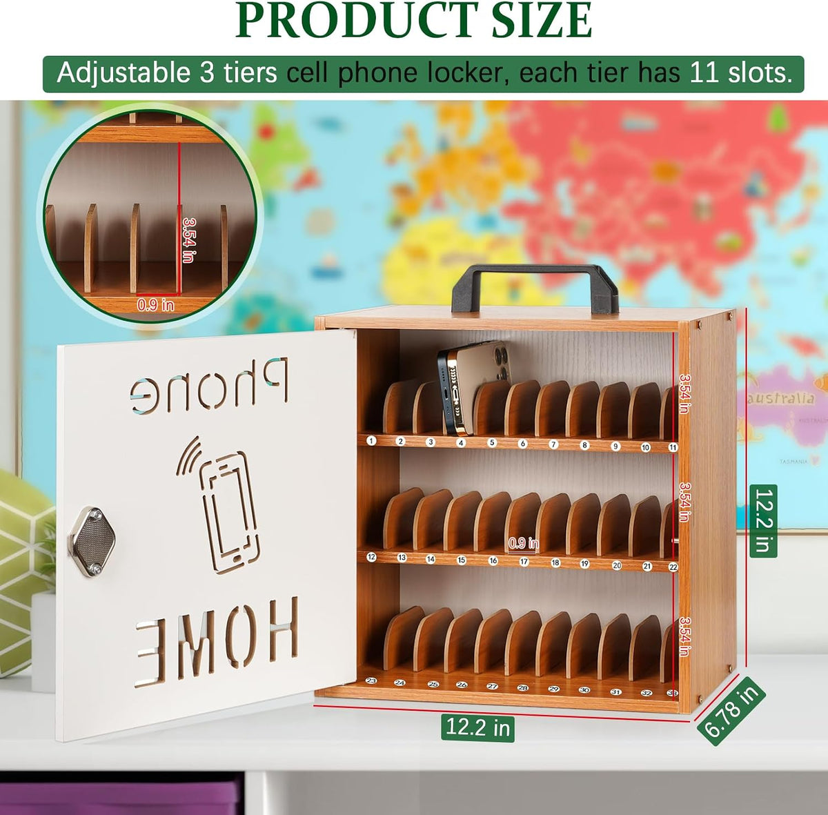 Wooden Phone Lock Box,Adjustable 33 Slots Cell Phone Holder Classroom