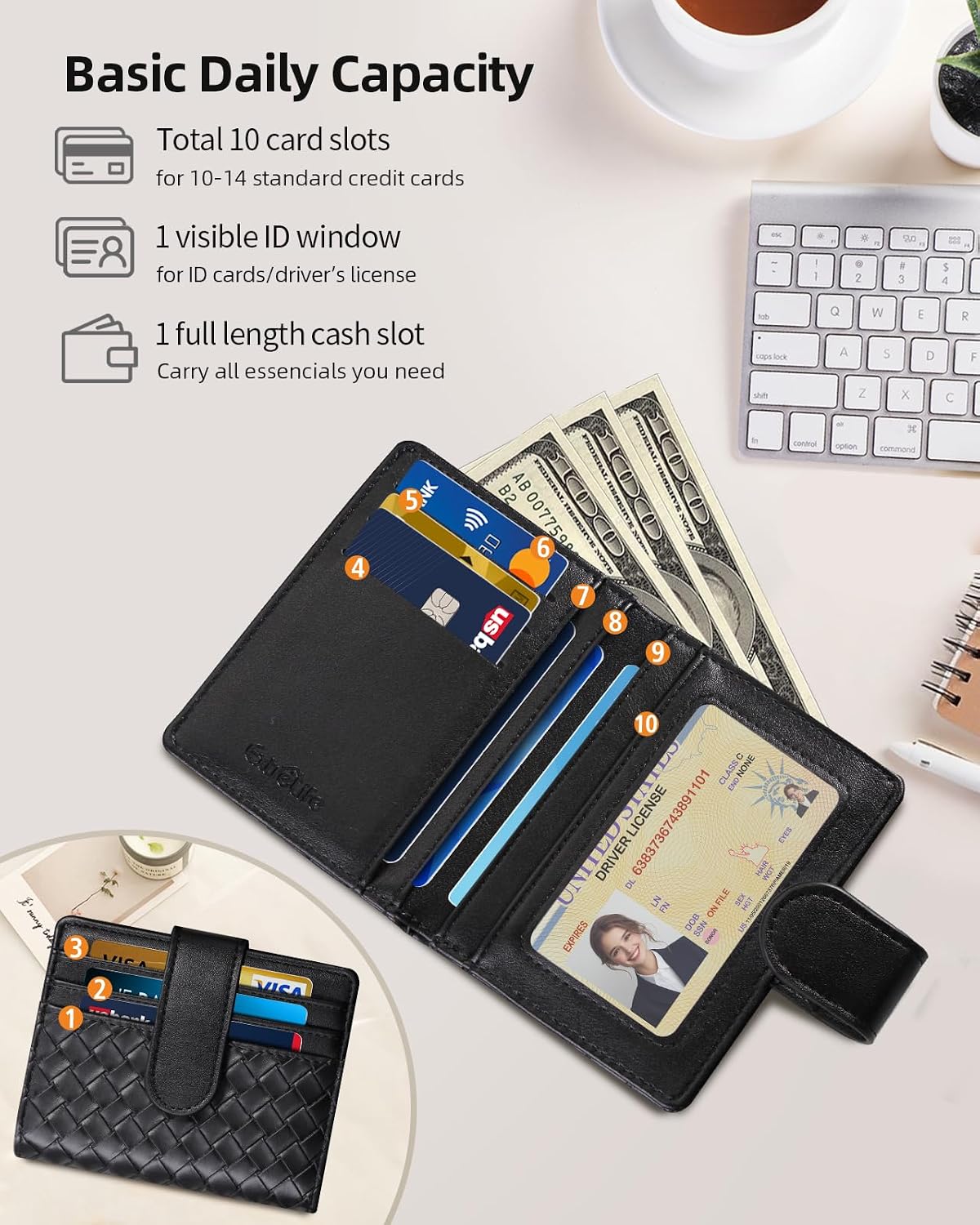 Smart Women Wallet with Find My, Wallet Tracker, RFID Blocking Bifold Credit Card Holder, Left-Behind Alerts, Play Sound, Anti-Loss, Wireless Rechargeable, Works with iPhone, iPad, Mac, Black