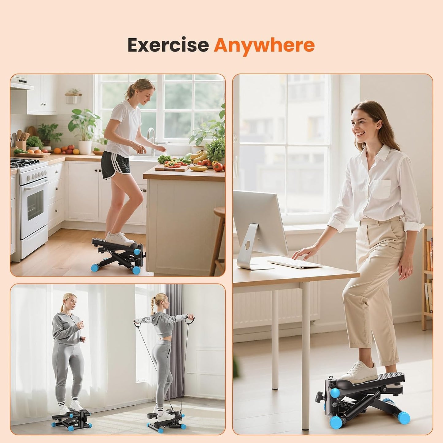 Sweetcrispy Mini Stair Stepper with Resistance Bands, Hydraulic Home Stepper Machine, 300 LBS Weight Capacity, Compact Cardio Equipment with LCD Monitor, No Assembly Required