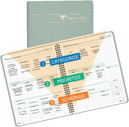 Planner Pad Spiral Bound July 2026 – June 2027 / Academic Year 8 1/2" x 11" Large 3-Tier Funnel Down 12 Month/Weekly Size Organizer, Greenish Grey Cover/Soft Green Ink