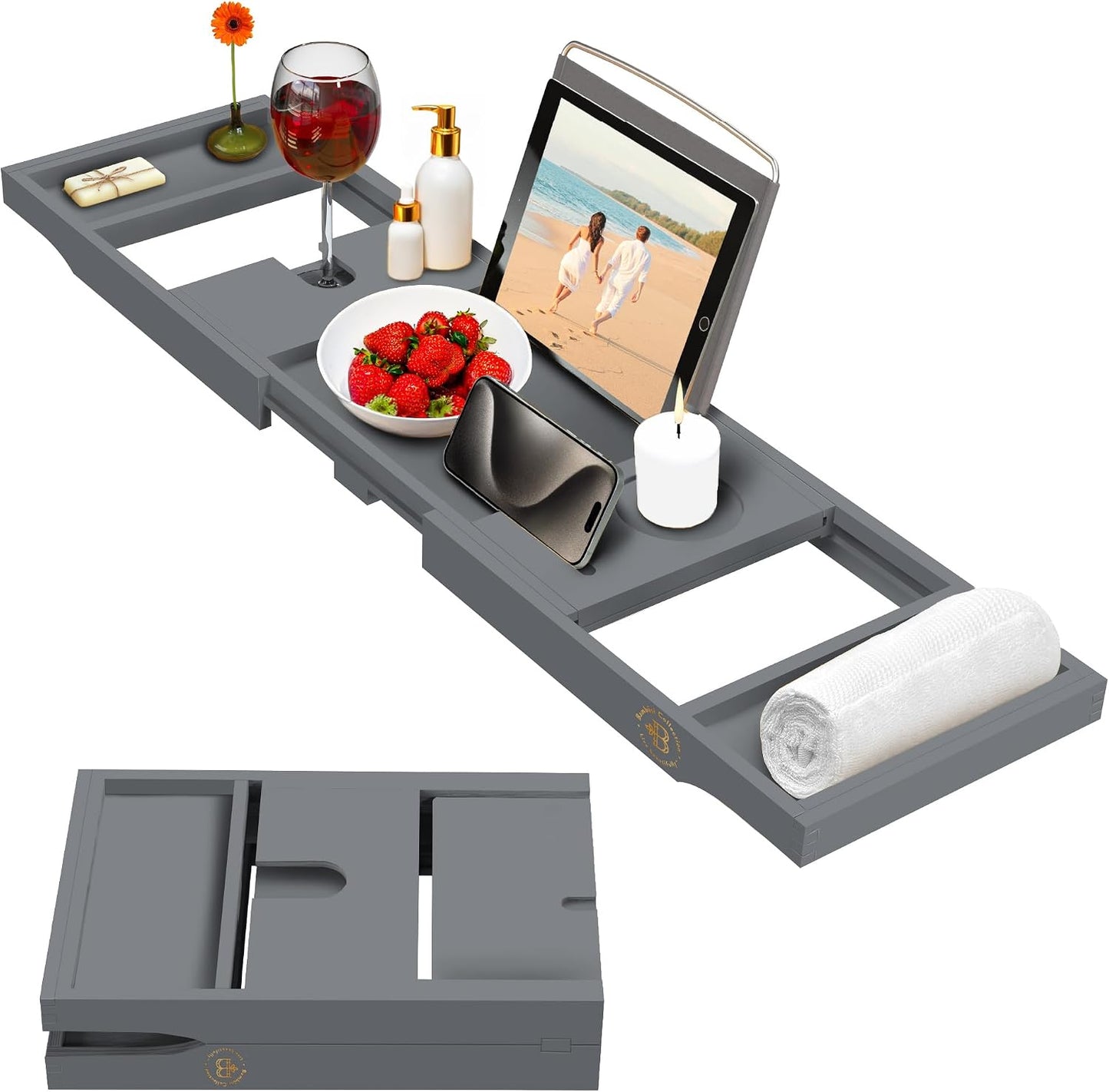 Bambüsi Bathtub Tray for Tub - Brown Bamboo Bath Tray, Expandable Wooden Bath Caddy Tray with Wine Holder, Book and Tablet Stand, Bathroom Accessories, Tub Table, Spa Bath Gifts for Women and Couples