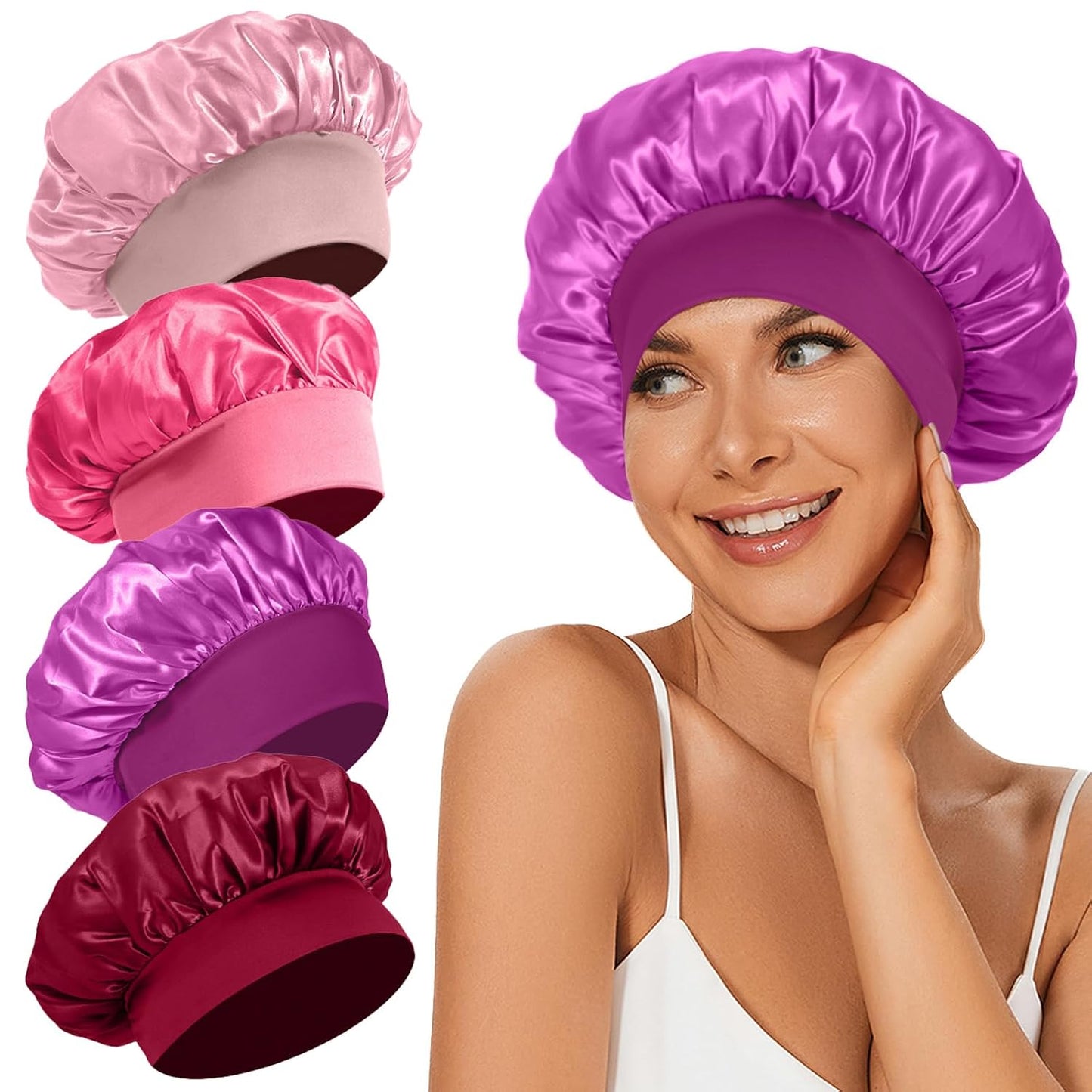 4Pcs Satin Bonnet Silk Bonnet, Hair Bonnet for Sleeping | Elastic Wide Band Silk Sleep Cap, Soft and Breathable, Black Red Purple Gold