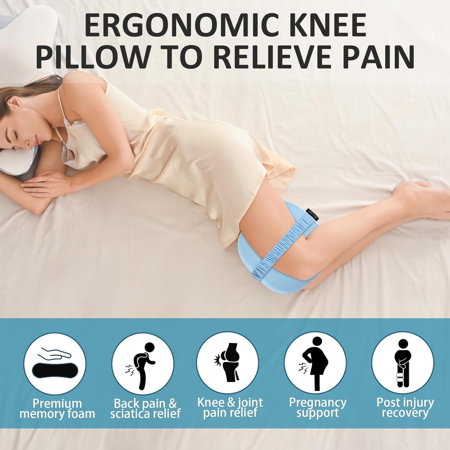 beslovo Side Sleeper Knee Pillow, Memory Foam Leg Pillow, Ergonomic Between Leg Pillow Eases Back Hip Pain, Spine Alignment Sciatica Relief, Knee Pillow with Ice Silk Cover and Elastic Strap (White)