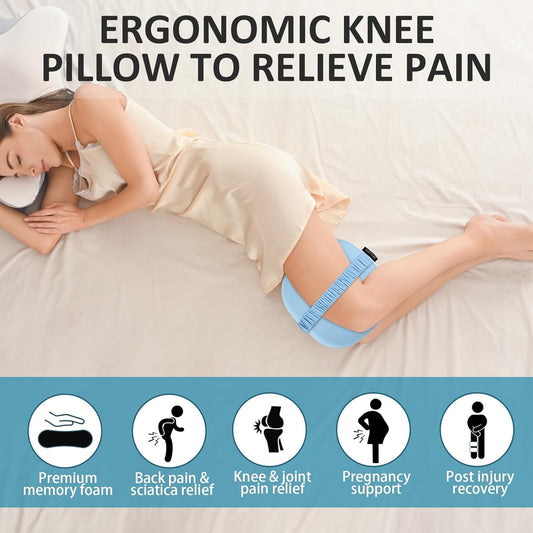beslovo Side Sleeper Knee Pillow, Memory Foam Leg Pillow, Ergonomic Between Leg Pillow Eases Back Hip Pain, Spine Alignment Sciatica Relief, Knee Pillow with Ice Silk Cover and Elastic Strap (White)