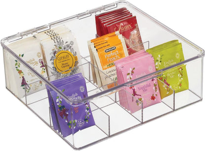 mDesign Tea Bag Single Serve Pouch Divided Box Holder Organizer, Clear