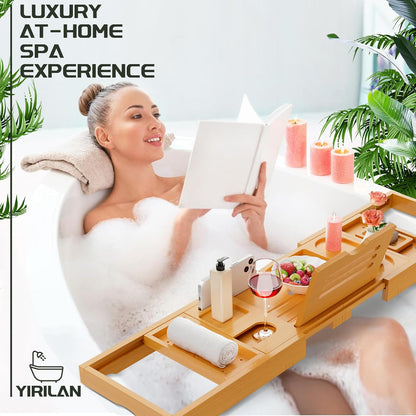 Bamboo Bathtub Tray Caddy,Premium Bathtub Tray Caddy, Expandable Bath Tray,Gifts for Women,Black