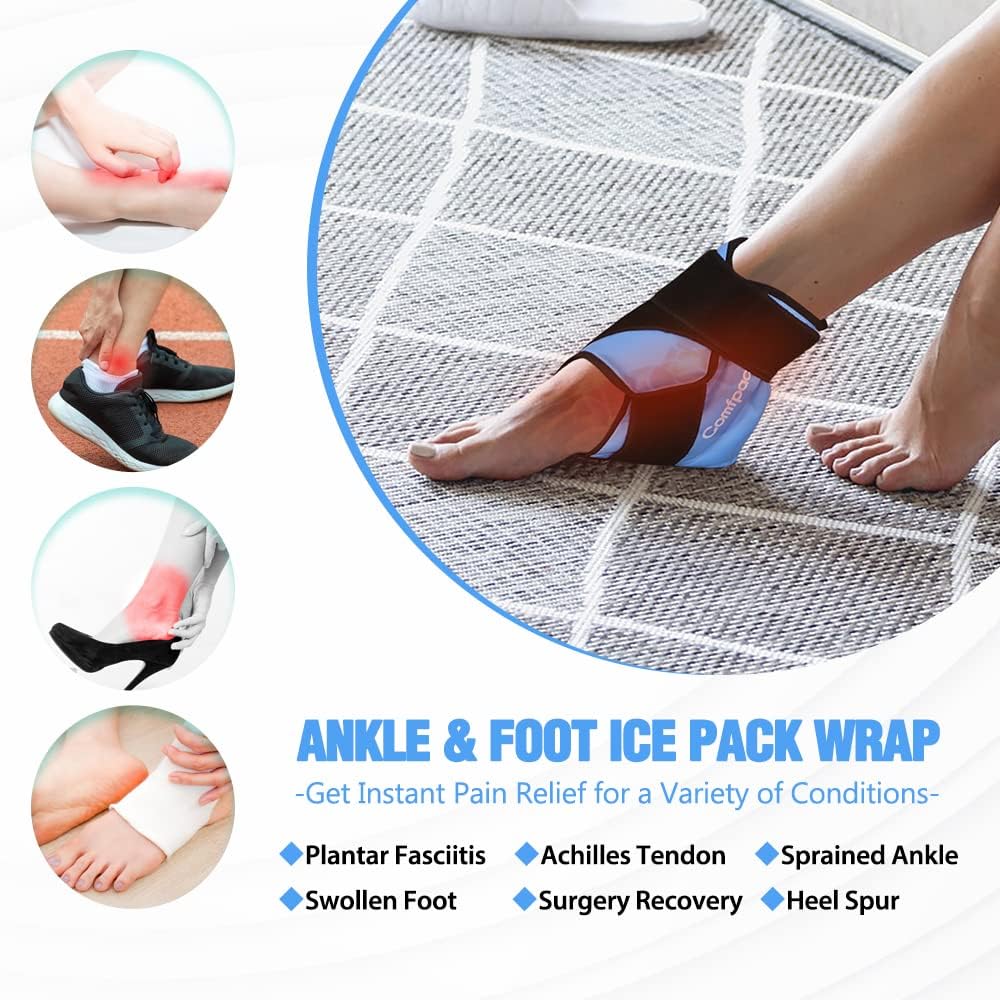 Comfpack Ankle Ice Pack Wrap for Swelling, FSA Eligible, Heel Ice Pack for Pain Relief, Hot Cold Therapy Cold Pack for Plantar Fasciitis, Achilles Tendonitis, Ankle Sprain, Foot Pain, Black