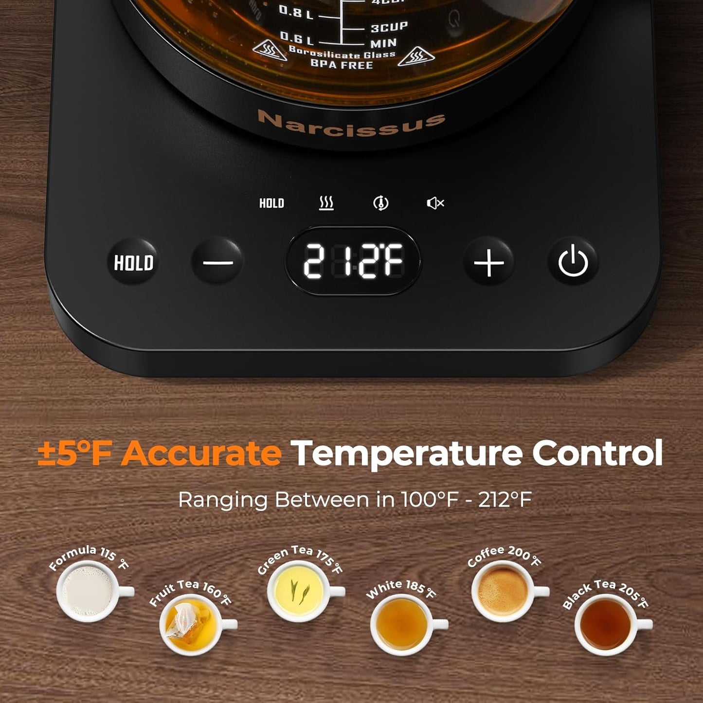 Narcissus Electric Kettle Temperature Control ±5℉, 1.8L Glass Electric Tea Kettle with Removable Infuser for Flowers & Fruit Tea, 1200W Fast Boiling, 6 Hours Keep Warming, Black
