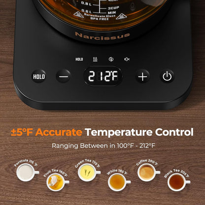 Narcissus Electric Kettle Temperature Control ±5℉, 1.8L Glass Electric Tea Kettle with Removable Infuser for Flowers & Fruit Tea, 1200W Fast Boiling, 6 Hours Keep Warming, Black