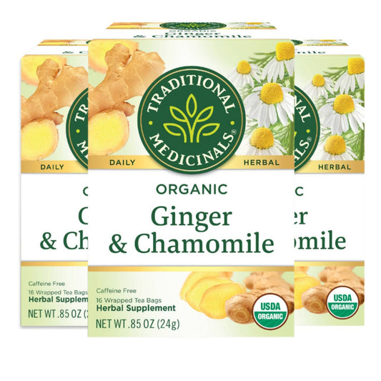 Traditional Medicinals Organic Ginger & Chamomile Herbal Tea, Relieves Occasional Indigestion or Nausea, (Pack of 3) - 48 Tea Bags Total