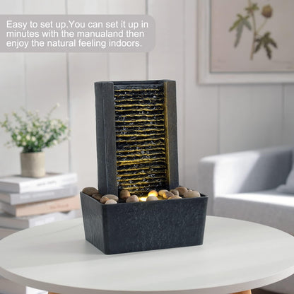 Haobos Modern Tabletop Water Fountain, Minimalist Indoor Waterfall with Warm LED Light & River Rocks, Soothing Zen Desk Fountain for Office, Bedroom, Spa, Relaxation Desk Decor Gift
