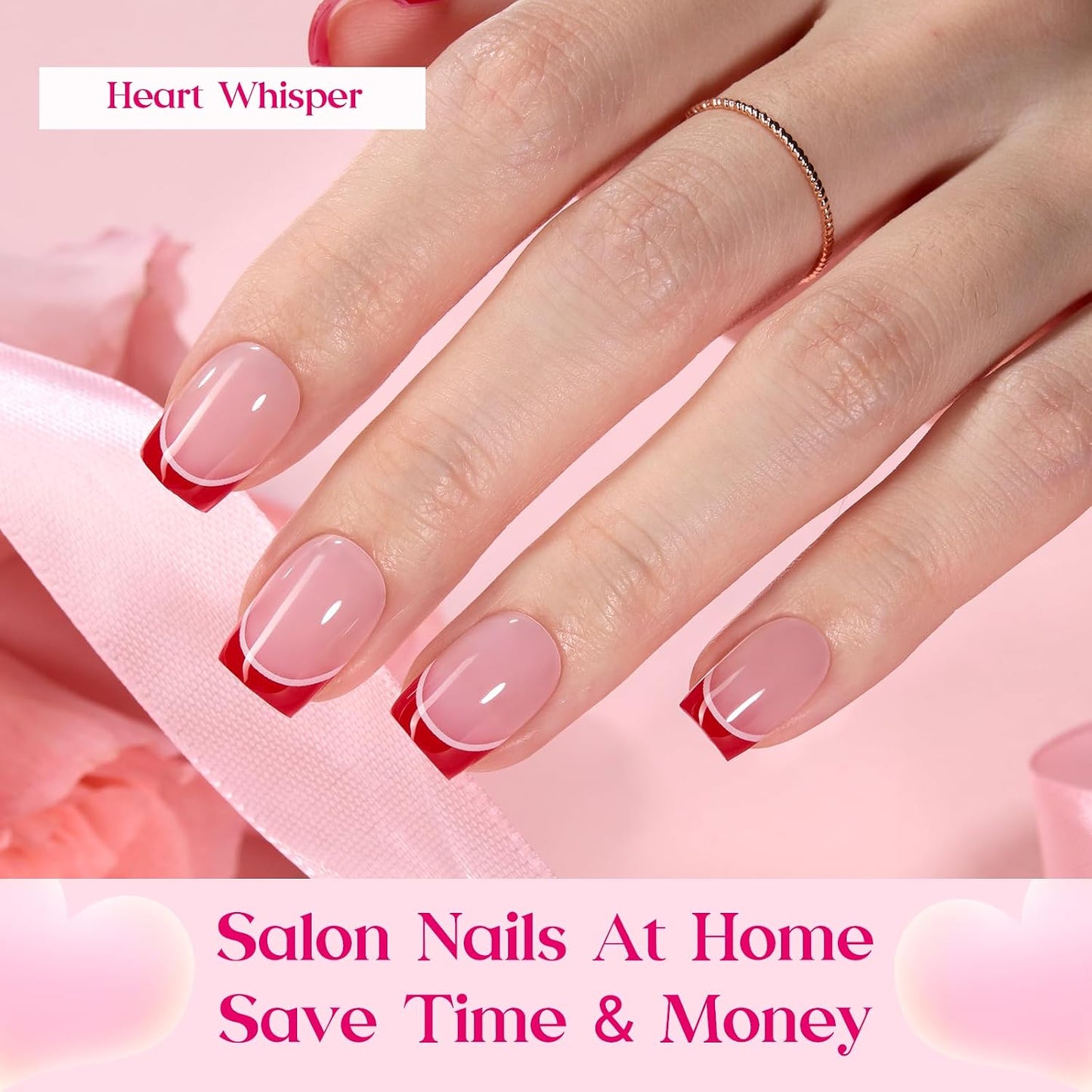 Beetles Press On Nail Kit-Short Square French Tip Press On Nails, 150Pcs Pink French Nail Tips with Nail Glue & Remover Builder Top Coat Nail Lamp, All-in-One DIY Fake Nails Gift for Women
