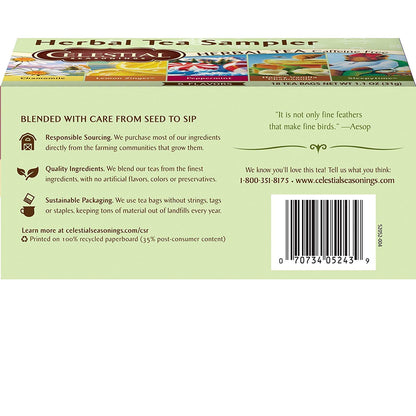 Celestial Seasonings Herbal Tea Sampler Variety Pack, Caffeine Free, 18 Tea Bags Box