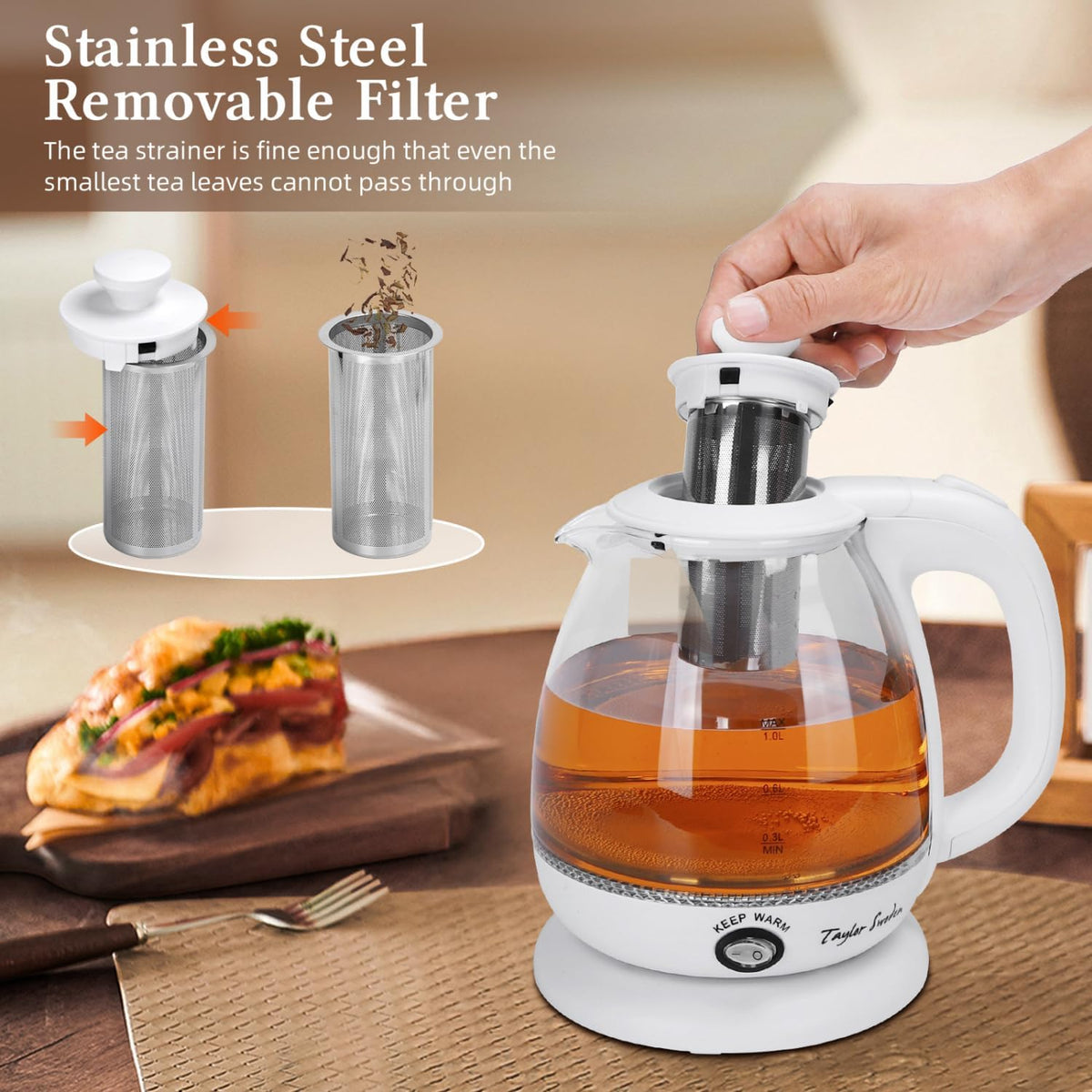 Taylor Swoden Electric Kettle with Tea Infuser, 1L Small Electric Tea Kettle with Keep Warm, LED Light Hot Water Boiler & Heater for Coffee & Teas, Auto Shut-Off & Boil Dry Protection, BPA Free, Black