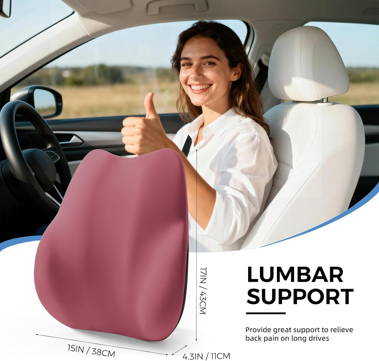 BEBAS Lumbar Support Pillow for Car, Memory Foam Back Cushion for Driving, Ergonomic Lumbar Pillow for Pain Relief, Comfort Lower Back Support for Office Chairs, Car Seat, Wheelchair -Black