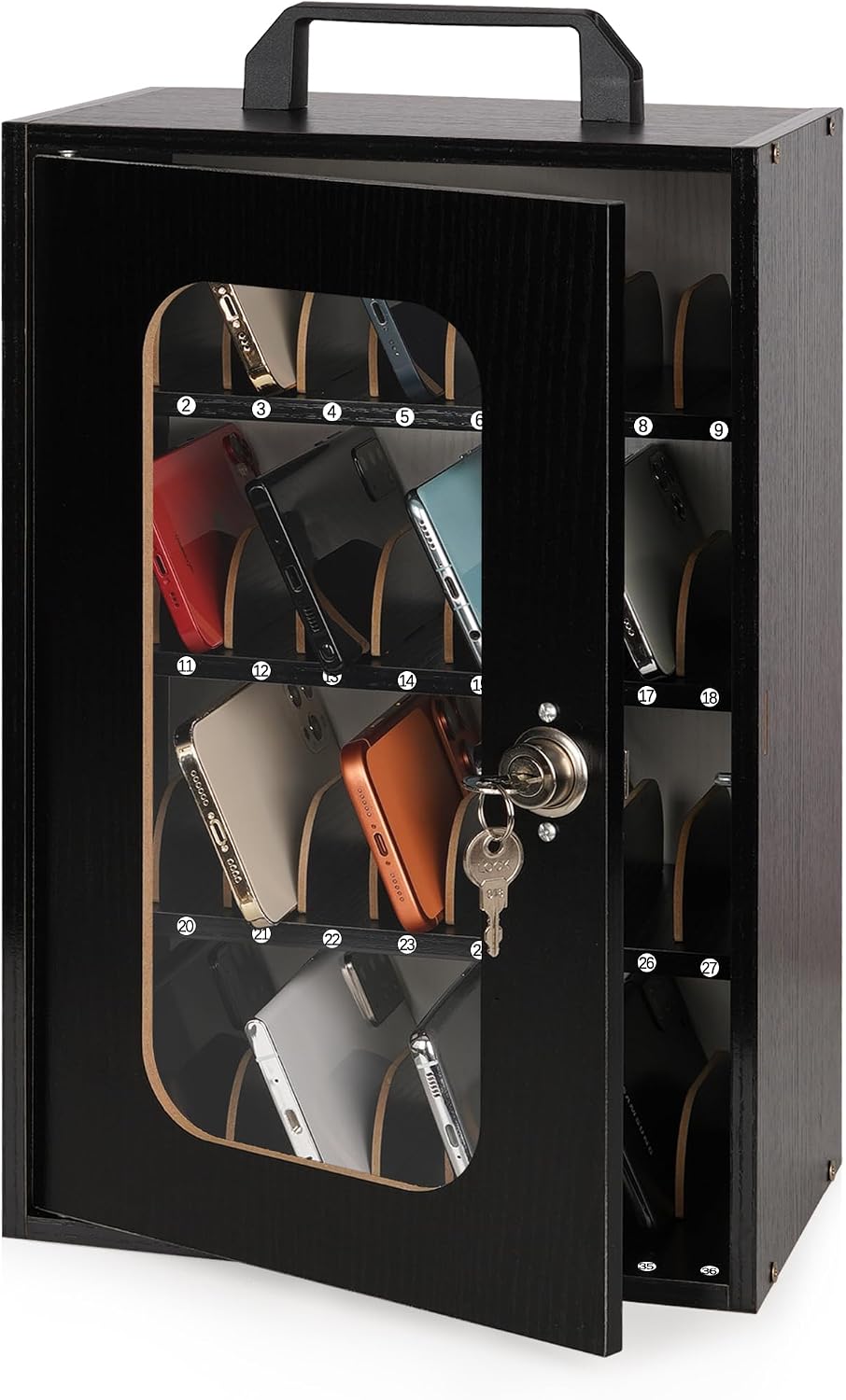 Wooden Phone Lock Box, Cell Phone Locker with 33 Adjustable Dividers | Phone Storage Cabinet with Security Lock & Handle, Desktop Phone Organizer for Classroom, Office & Repair Shops
