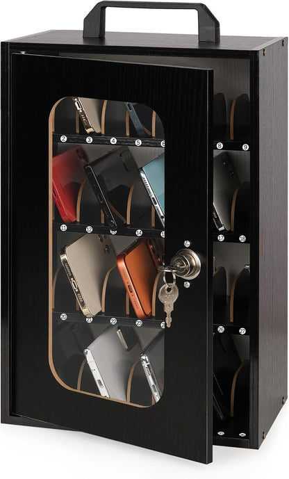 Wooden Phone Lock Box, Cell Phone Locker with 33 Adjustable Dividers | Phone Storage Cabinet with Security Lock & Handle, Desktop Phone Organizer for Classroom, Office & Repair Shops