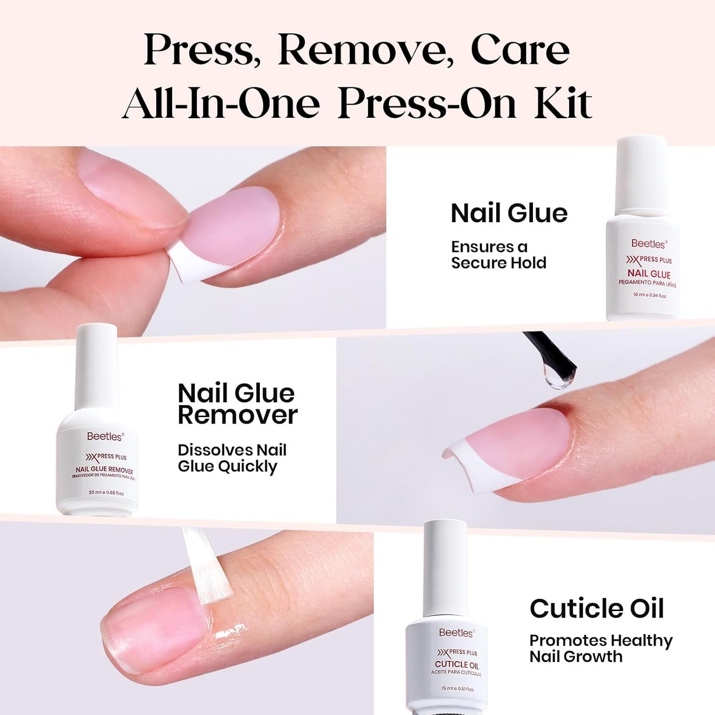 Beetles Press On Nail Kit-Short Square French Tip Press On Nails, 150Pcs Pink French Nail Tips with Nail Glue & Remover Builder Top Coat Nail Lamp, All-in-One DIY Fake Nails Gift for Women