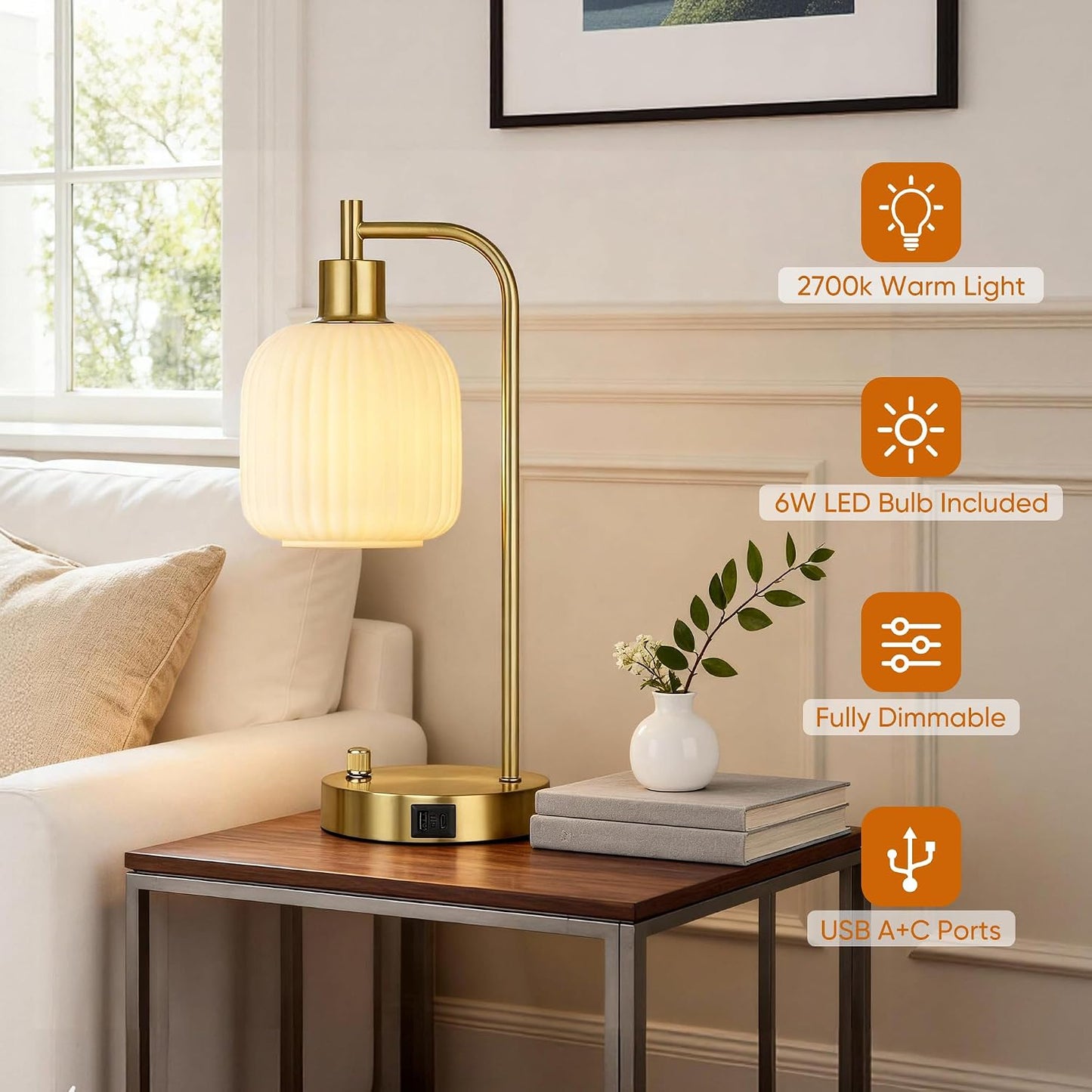 QiMH Industrial Table Lamp for Bedroom Set of 2, Green Glass Beside Lamp with USB A&C Ports, Stepless Dimmable Gold Lamps, Nightstand Lamps for Living Room, Office, Home Decor(Bulb Included)