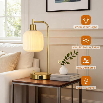 QiMH Industrial Table Lamp for Bedroom Set of 2, Green Glass Beside Lamp with USB A&C Ports, Stepless Dimmable Gold Lamps, Nightstand Lamps for Living Room, Office, Home Decor(Bulb Included)