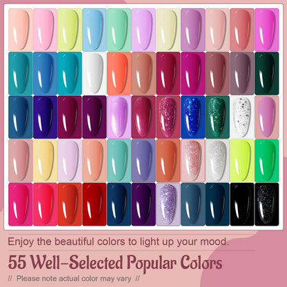 JODSONE Gel Nail Polish Kit 60 PCS with U V Light Soak off Base Top Coat 55 Shine Colors Gel Nail Kit Bright and Dark Brown Wine Red Series Manicure Set for Women and Girls