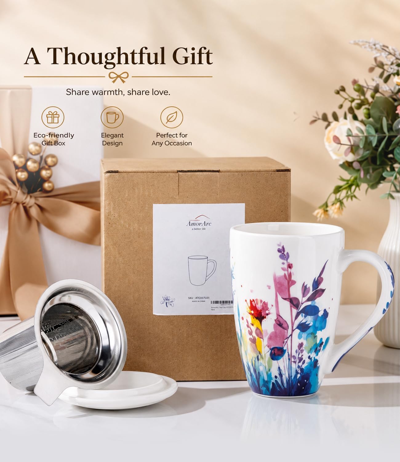 AmorArc 18oz Porcelain Tea Mug with Infuser & Lid, Loose Leaf Tea Cup with Stainless Steel Strainer, Large Coffee Mug Gift for Women, Tea Lovers, Home & Office